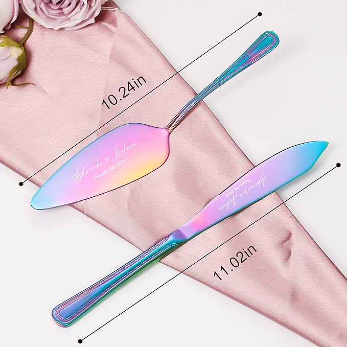 Cake Cutting Set for Wedding, Personalized Wedding Cake Knife and Server Set, Vintage Engraved 2-Piece Pie Pizza Cutter Serving Set, Custom Bridal Anniversary Birthday Quinceañera Gift(Rainbow)