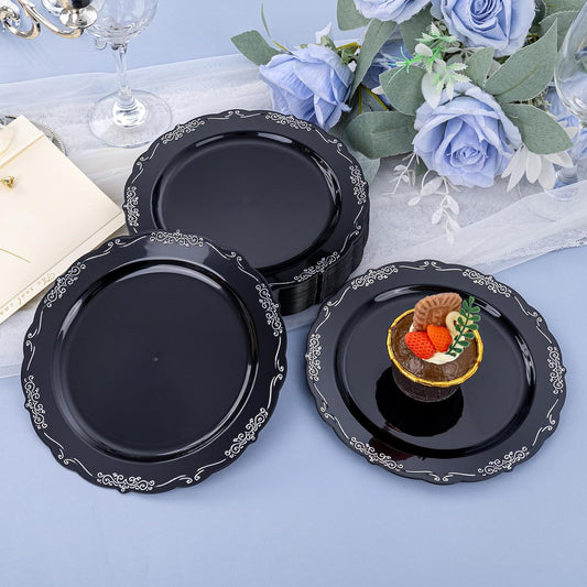 DaYammi 60PCS Black and Silver Plastic Plates, Heavy Duty Black and Silver Disposable Plates Premium 7.5 inch Dessert Cake Salad Appetizer Plates Hard Plastic Plates Disposable for Halloween Party
