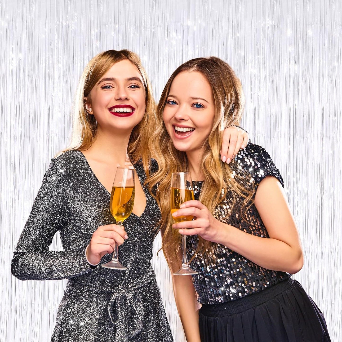 2 Pack White Metallic Tinsel Foil Fringe Curtains, Door Streamers Photo Booth Backdrop for Birthday Party, Tinsel Curtain Backdrop for Baby Shower Bachelorette Christmas Party Decorations