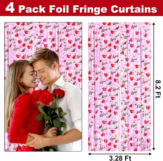 4 Pack Love Pink Fringe Curtain Backdrop 3.2Ft x 8.2Ft Metallic Tinsel Foil Fringe Streamers Background for Photo Booth Mother's Day, Easter, Carnival, Birthday, Wedding Party Decoration