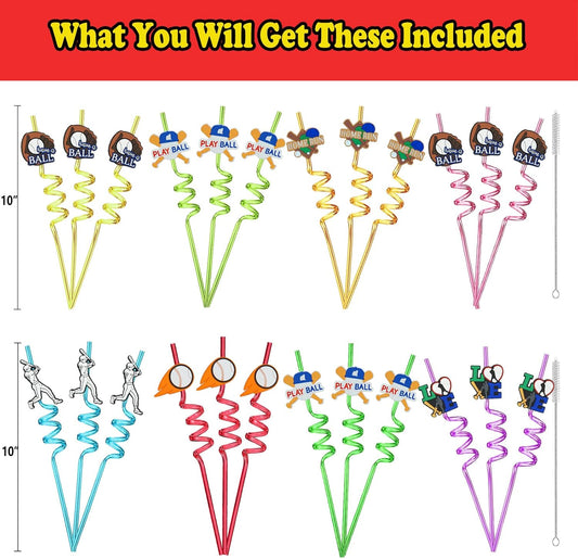 24pcs Baseball Party Themed twisty Reusable Plastic Straws for Sport Baseball Party Favor Gift Bags,Daily Drinking Straws,Birthday Parties,Class Reunions,With 2 Cleaning Brushes.(8color)