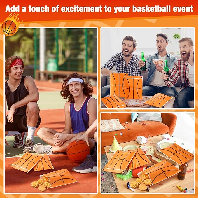 Tinlade 100 Pcs Basketball Kraft Treat Bags with Self Adhesive Basketball Theme Goodie Bags Paper Sport Candy Gift Pouches Bulk for Sport Ball Birthday Party Favor Supplies, 5x7 Inch