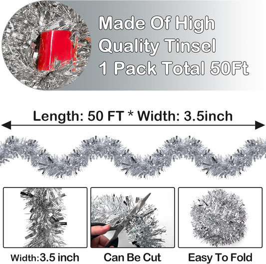 50FT Silver Christmas Tinsel Garland - Metallic Tinsel Garland for Christmas Tree Decoration, Xmas Tree Decor Home Indoor Outdoor Party Supplies