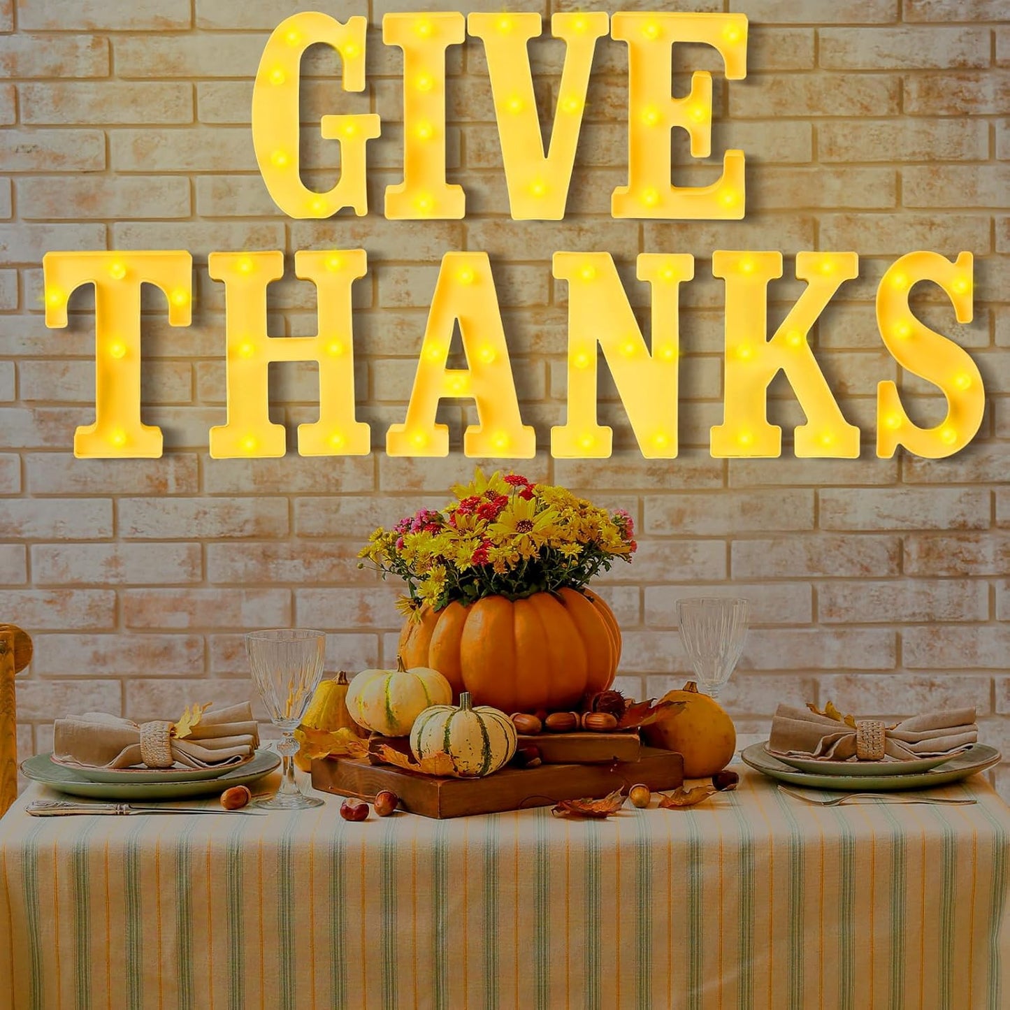 10 Pcs Give Thanks Large LED Letter Sign LED Lights Battery Powered Thanksgiving Table Decoration for Thanksgiving Party Decorations