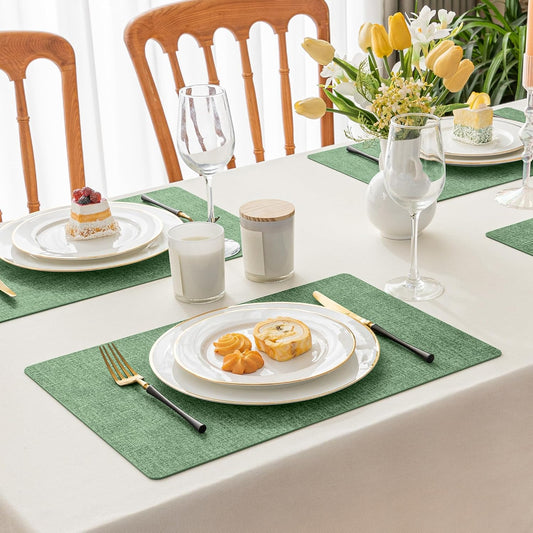 Romanstile Vinyl Placemats Set of 8-12 X 18 Inch - Heat Resistant Place Mats 100% Waterproof Oilproof Wipeable Reversible Faux Leather Table Mats for Kitchen/Dining/Party/Outdoor, Dark Green