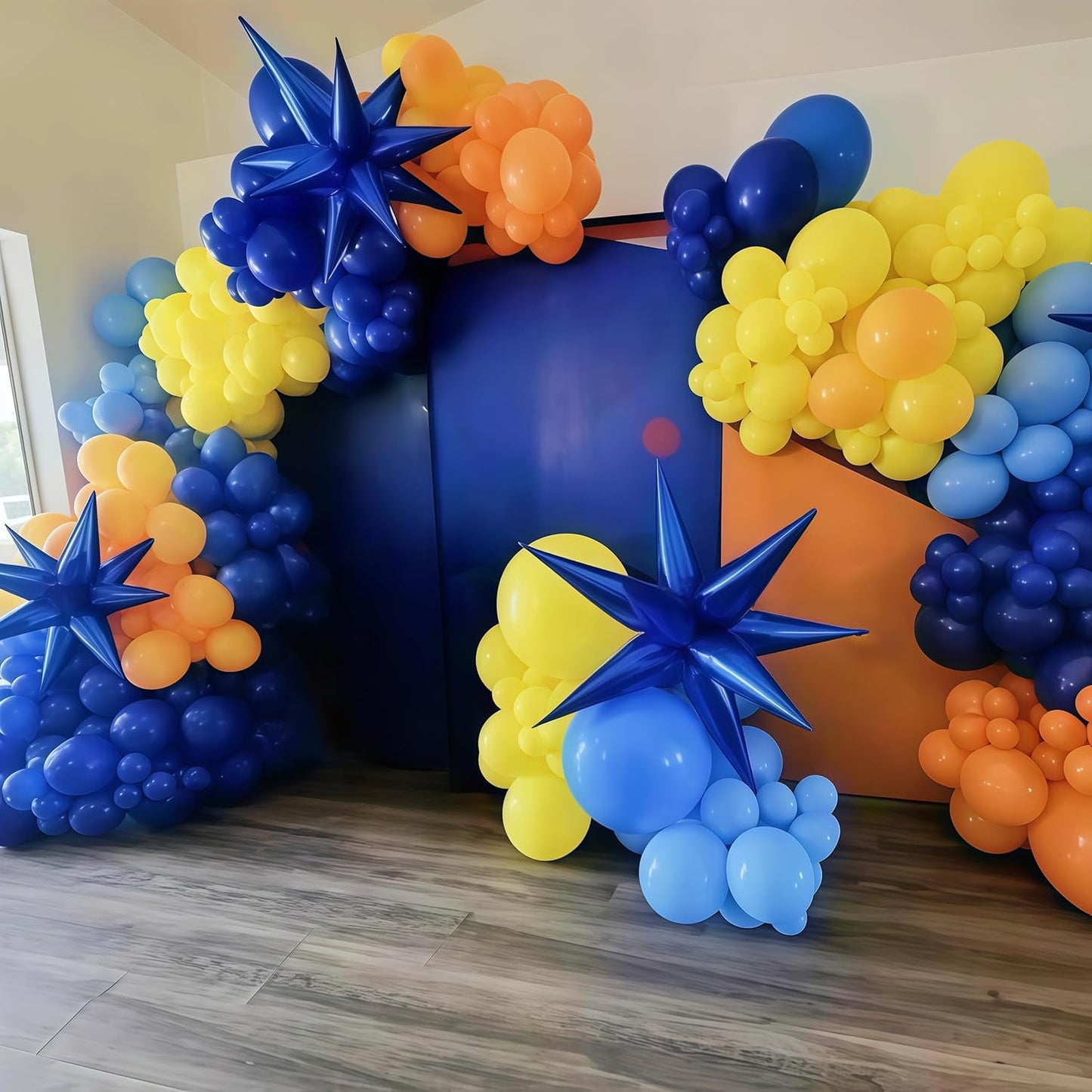 Navy Blue and Orange Garland Arch Kit, Orange and Yellow Balloons Light Baby Royal Blue with Foil Star Balloon for Kids Boys Baby Shower Birthday Graduation Gun Theme Party Decorations Supplies