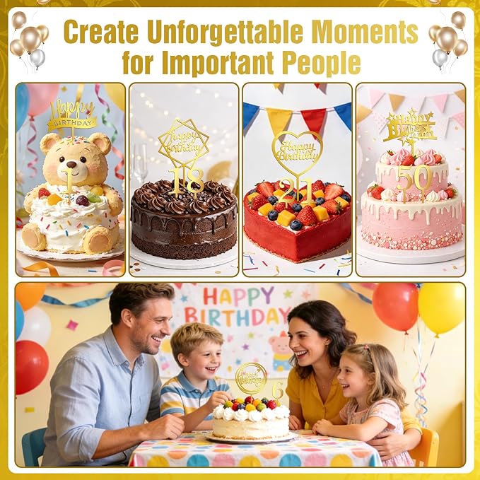 16 PCS Happy Birthday Cake Topper Set, Gold Cake Decoration, Acrylic Reusable Numbers Cake Cupcake Desserts Topper Double-Sided Glitter Birthday Cake Topper for Kids Adults