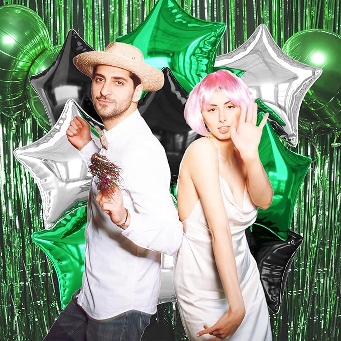 Green Black Silver Star Foil Balloons, 10PCS Foil Stars Shape Balloon, 18 Inch Metallic Pentagram Balloons Helium for Boys Men, Graduation, Baby Shower, Football Soccer Game Birthday Party Decoration
