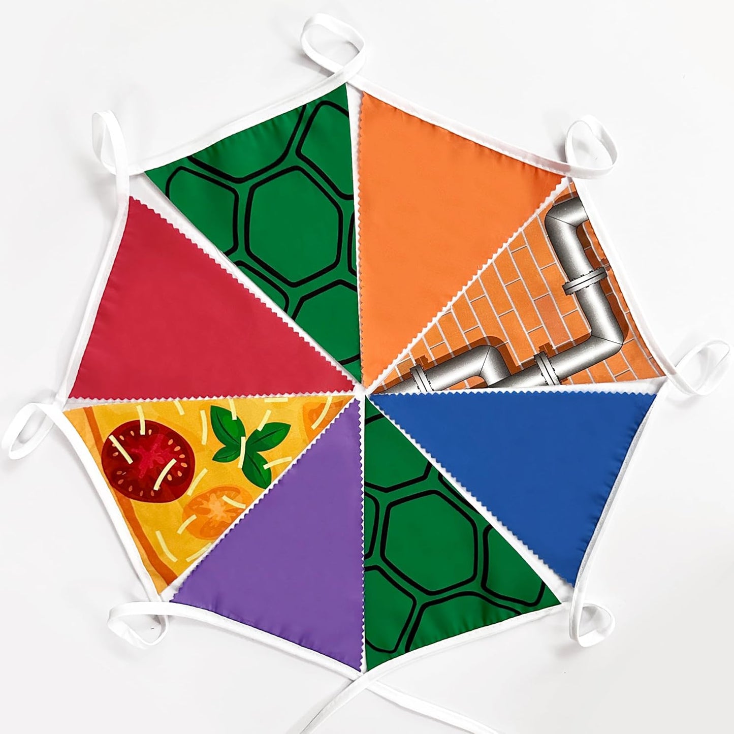 32Ft Cartoon Turtle Party Decorations Pizza and Brick Wall Triangle Flag Pennant Banner Fabric Garland Streamer for Kids Boys Superhero Birthday Turtle Baby Shower Video Games Party Decor Supplies