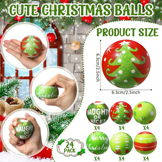Kasyat 24 Pcs Christmas Stress Ball Bulk 2.5 Inch Christmas Green Foam PU Stress Relief Balls Relief Squeeze Xmas Balls Toys for Party Favors Stocking Stuffers Gifts Goodie Bag Fillers