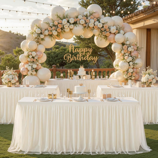 Ivory Tulle Tablecloth for 6 Foot Rectangular Tables 6ft Ivory Table Cloth Rectangle Wrinkle Free Table Cover with Tutu Skirt for Wedding Birthday Party Bridal Shower Banquet Buffet Cake Event