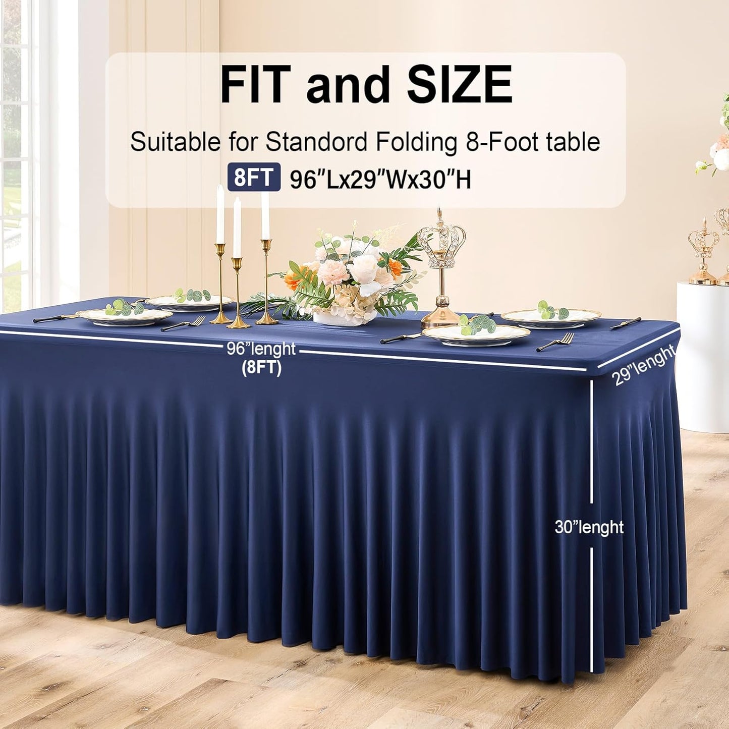 Outpain 8ft Spandex Table Cloth for Standard Folding Tables-6Pack Navy Blue Table Cloth Table Protector for Party, Wedding, Cocktail, Banquet, Festival