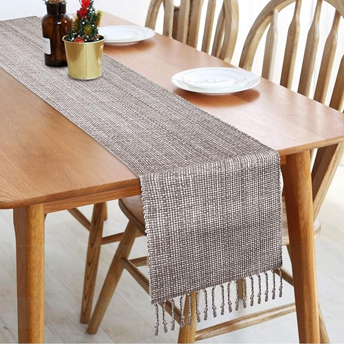 Urban Villa Two Tone Table Runner - 100% Cotton, Brown/Ivory, 14''x72'' with Fringes, Perfect for Kitchen, Dining, BBQs and Everyday Use