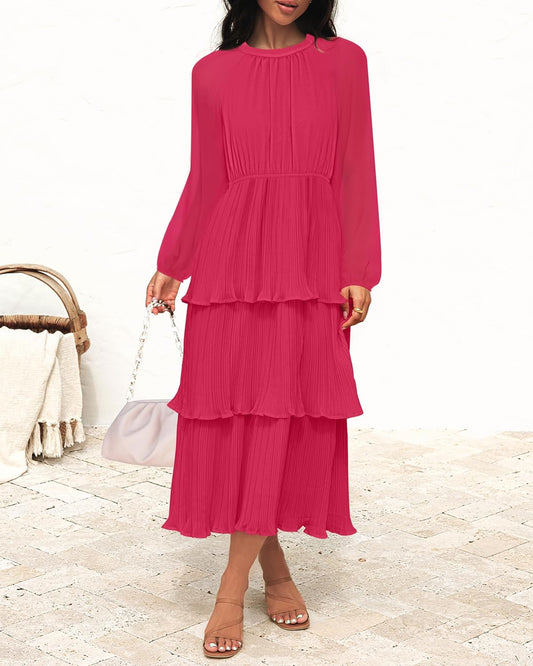 ZESICA Women's 2025 Long Sleeve Crew Neck Ruffle Tiered Layered Chiffon Flowy Swing Long Midi Dress