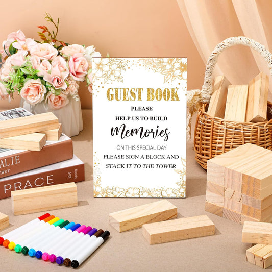 80 Pcs Wedding Guest Book Alternative Wooden Block Guest Book for Wedding Sign in Bridal Shower Decoration Wooden Block Bridal Shower Game for Sign in, Reception(Leaves)