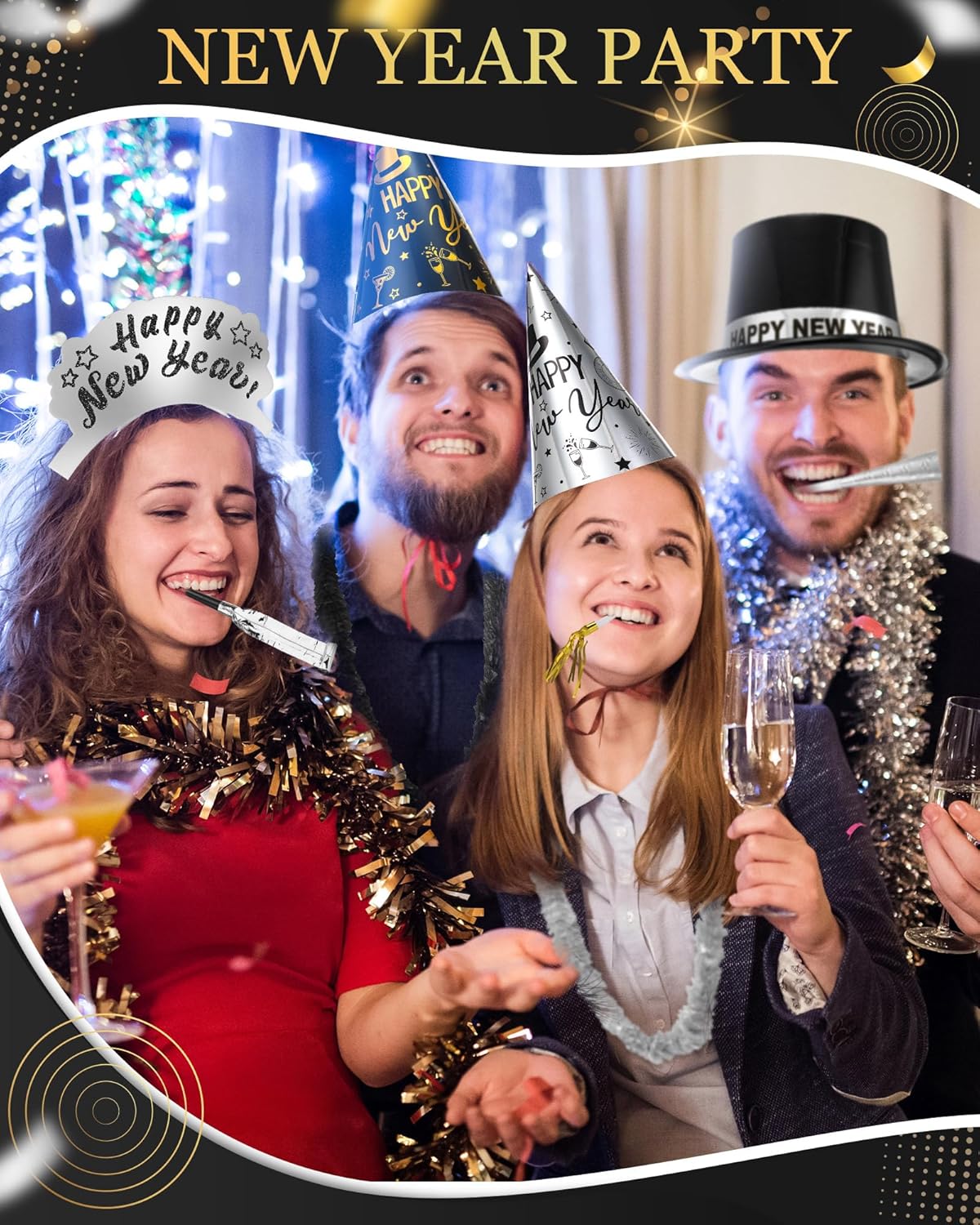 Cuffbow 300 Pcs 2026 New Years Eve Party Supplies Include Happy New Year Cone Hat Headband Tiara Metallic Fringed Party Blowers Noise Makers Horns Leis Hair Hoop Favors Decorations (Black Silver)