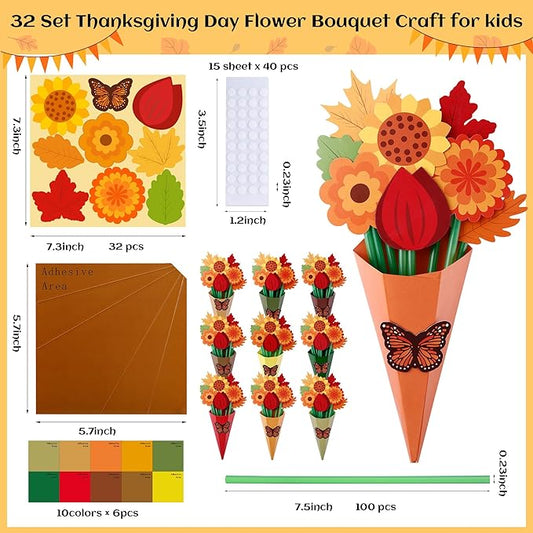 FULAIERGD 32 Set Fall Paper Flower Crafts DIY Autumn Thanksgiving Flower Bouquet Craft Kit-Make Your Own Thankful Florals for Party School Teacher Appreciation Week Thanksgiving Gift