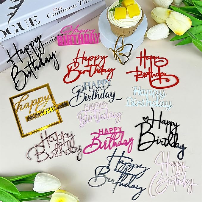 15 PCS Happy Birthday Cake Toppers Acrylic Mirror Inserts for Cakes Cupcakes Desserts 15 Styles 8 Colors
