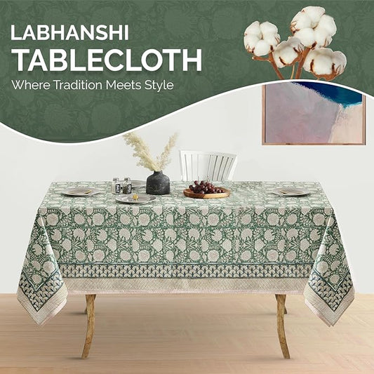 Labhanshi Indian Handblock Print Pre-Washed Cotton Floral Table Cloth|Reusable Rectangle 72x108 Inch 8-Seater Dining Tablecloth|Spring Easter St.Patrick Festive Decorative Table Cover|Moss Green