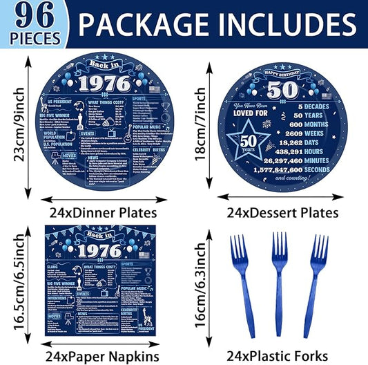 96Pcs 50th Birthday Party Paper Plates and Napkins 50th Birthday Supplies for Men and Women Disposable Dessert Plates Back in 1976 Blue Silver Tableware 1976 Birthday Gatherings Decorations