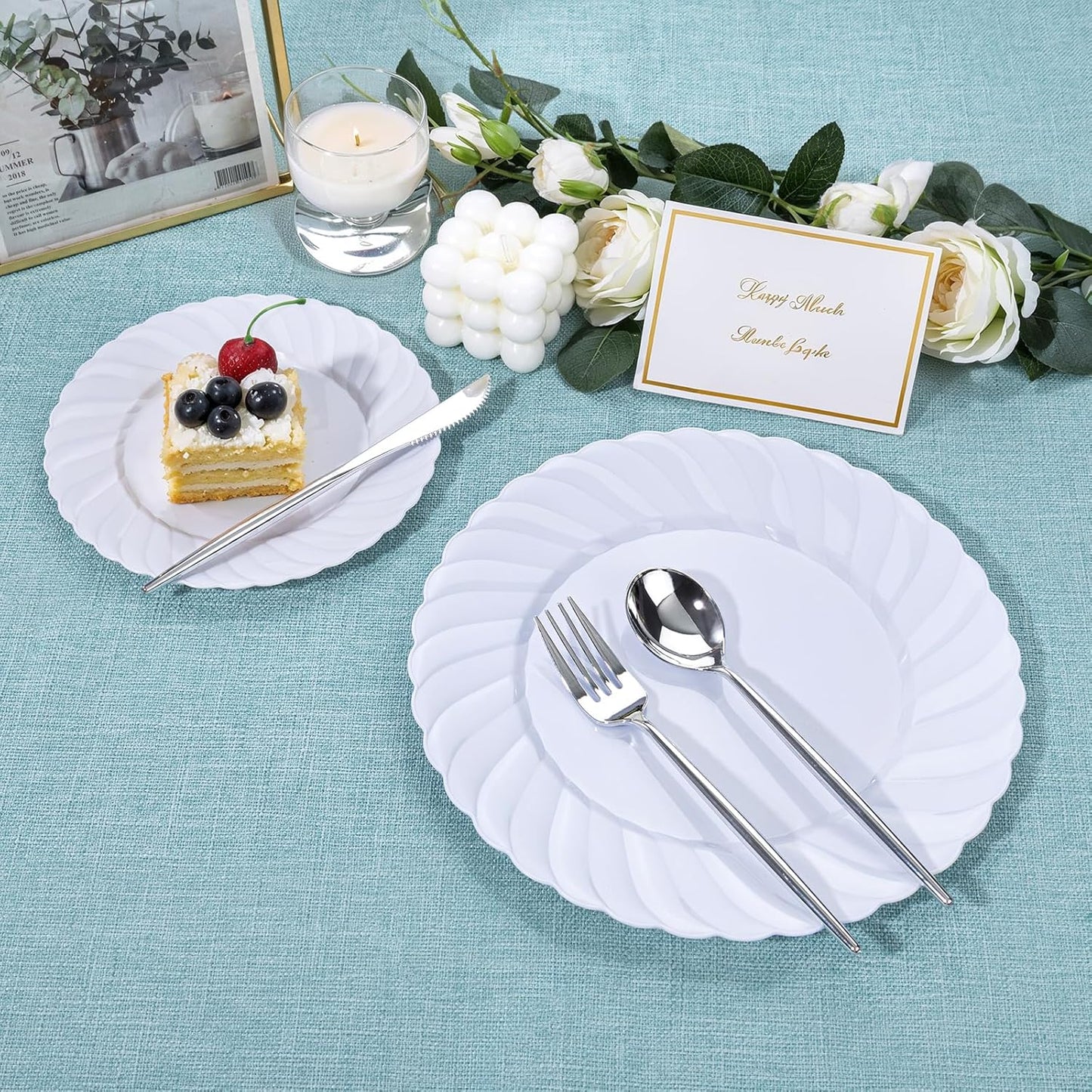 U-QE 60 Pcs White Plastic Plates for Party – Scalloped Plastic Plates Heavy Duty & Elegant – Include 30 10" Dinner & 30 7" Dessert Plate - Perfect for Weddings, Bridal Showers and Parties