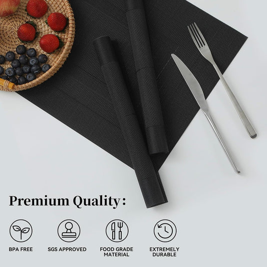 Leetaltree Black Frame Placemats Set of 12 - Heat Resistant Non-Slip Place mats for Dining Table, Washable Durable PVC Vinyl Woven Table Mats(Black Frame, 12)