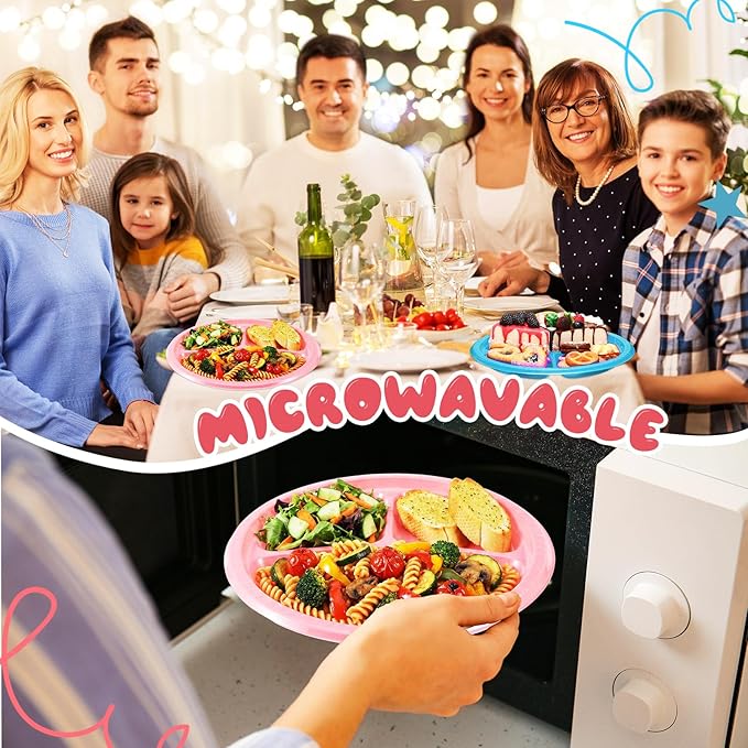 50 Pcs 10 Inch Plastic 3 Compartment Divided Plates Heavy Disposable Round Dinner Plates with Dividers for Wedding Birthday Party Dinnerware (Pink, Blue)