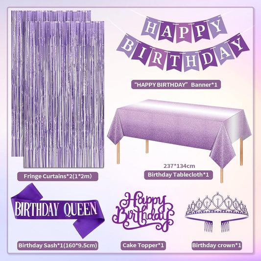 Purple Birthday Decorations, Purple Party Decorations with Balloons Happy Birthday Banner Bday Sash and Crown Tablecloth Fringe Curtain Paper Pom Poms for Women Girls Bday Decor