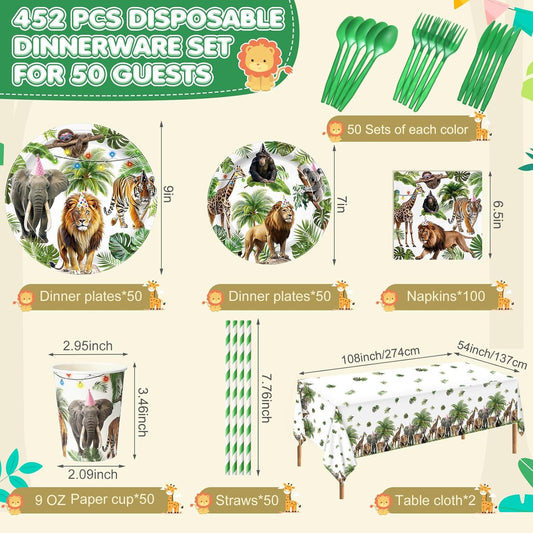 452 Pcs Wild Animals Birthday Party Decorations for 50, Jungle Themed Paper Plates Napkins Cups Tablecloth Cutlery Straws Safari Zoo Tableware Set for Baby Shower Gender Reveal Party Supplies
