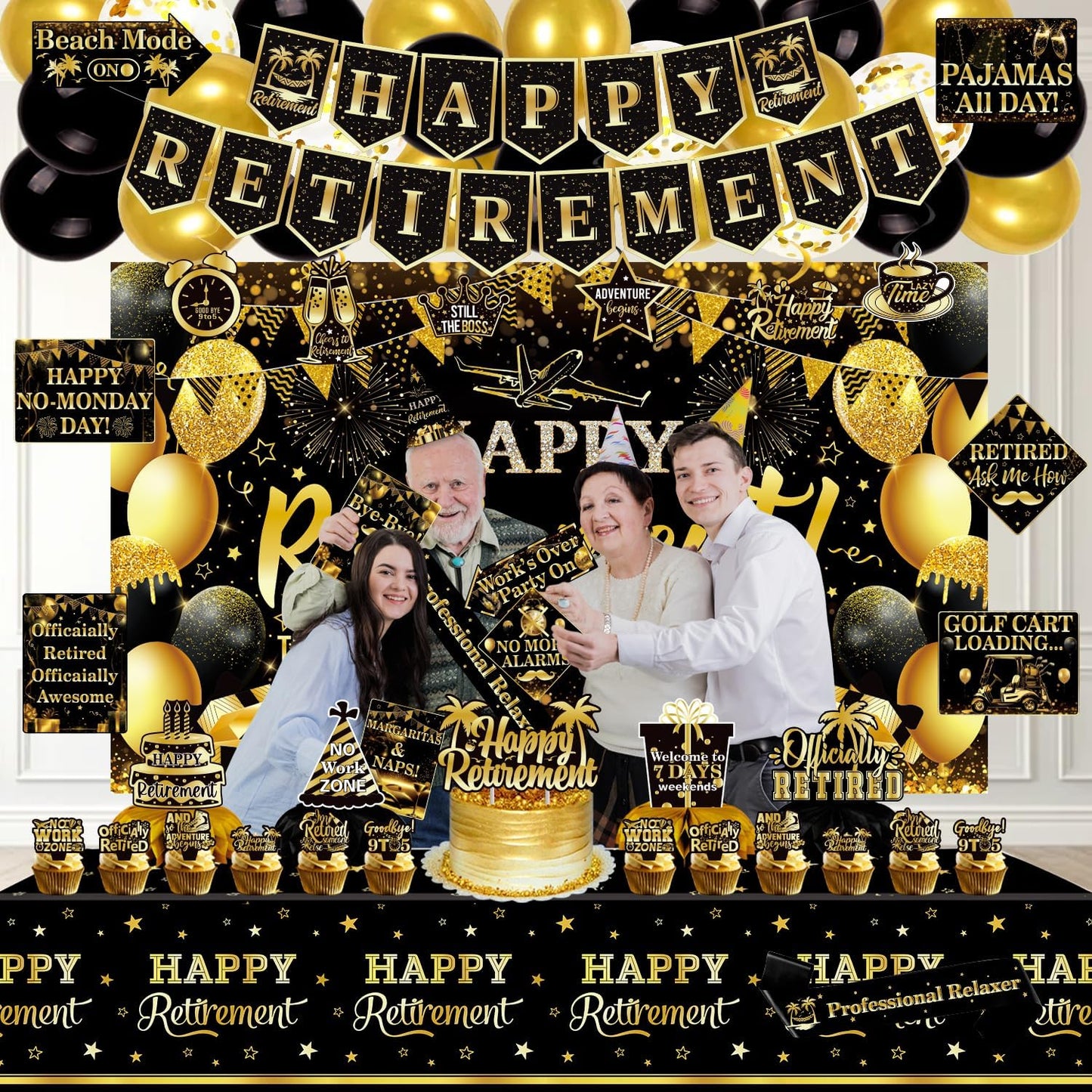 Mpanwen Retirement Party Decorations, 78 Pcs Gold Black Happy Retirement Men Party Decor Supplies for Women Men with Backdrop, Banner, Tablecloth, Centerpieces, Hanging Swirls, Sash, Hat, Wall Signs