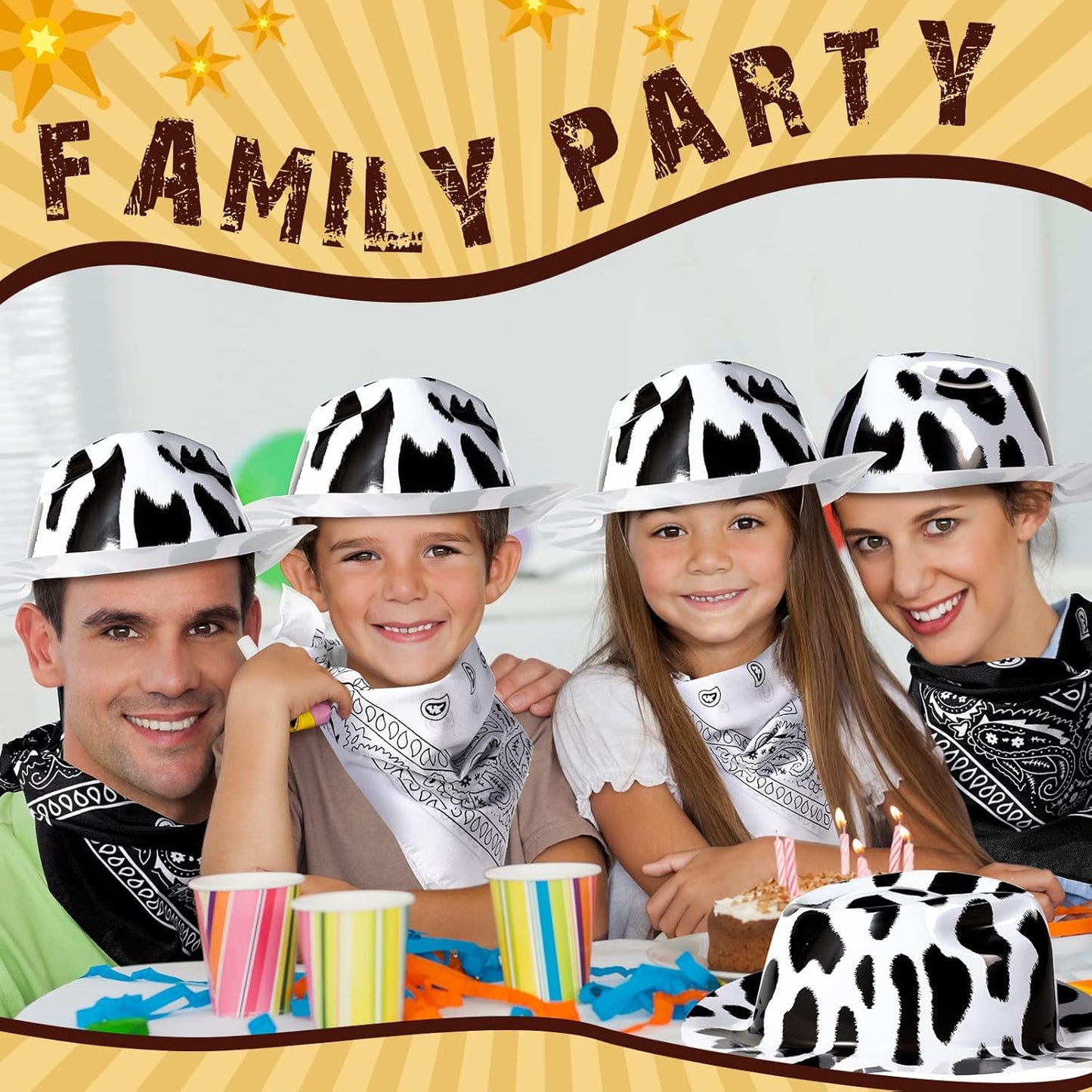 Haysandy 24 Pcs Cow Print Cowgirl Cowboy Hats Bulk with Bandana Felt Cow Party Hats for Women Men Western Costume Party (Black)