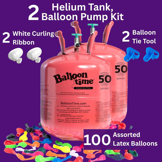 Helium Tank for Balloons At Home, 14.9 Cu Ft Helium Balloon Pump Kit with 50 Assorted Latex Balloons, White Curling Ribbon and Balloon Tie Tool (Pack of 2)
