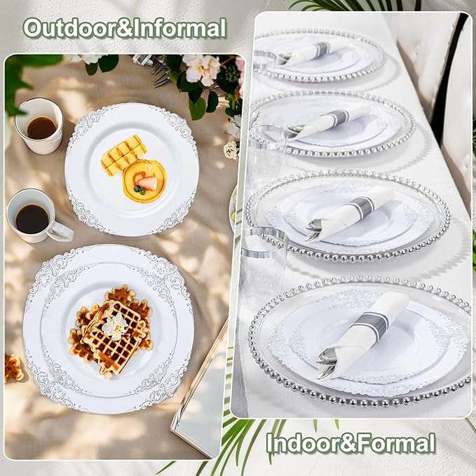 Nervure 700PCS Silver Plastic Plates - Silver Plastic Dinnerware Sets for 100 Guests - 200 Disposable Plates, 300 Silverware, 100 Cups, 100 Napkins for Wedding & Party