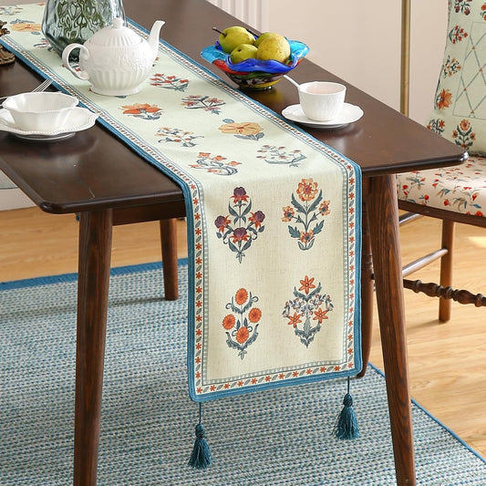 ISAENNE Designer Light Green Linen Table Runner 87 Inches Long,French Floral Patterns Elegant Table Runner for Dining Tables,Thanksgiving,Kitchen Tables,Christmas,12"*87"-Floralsea B