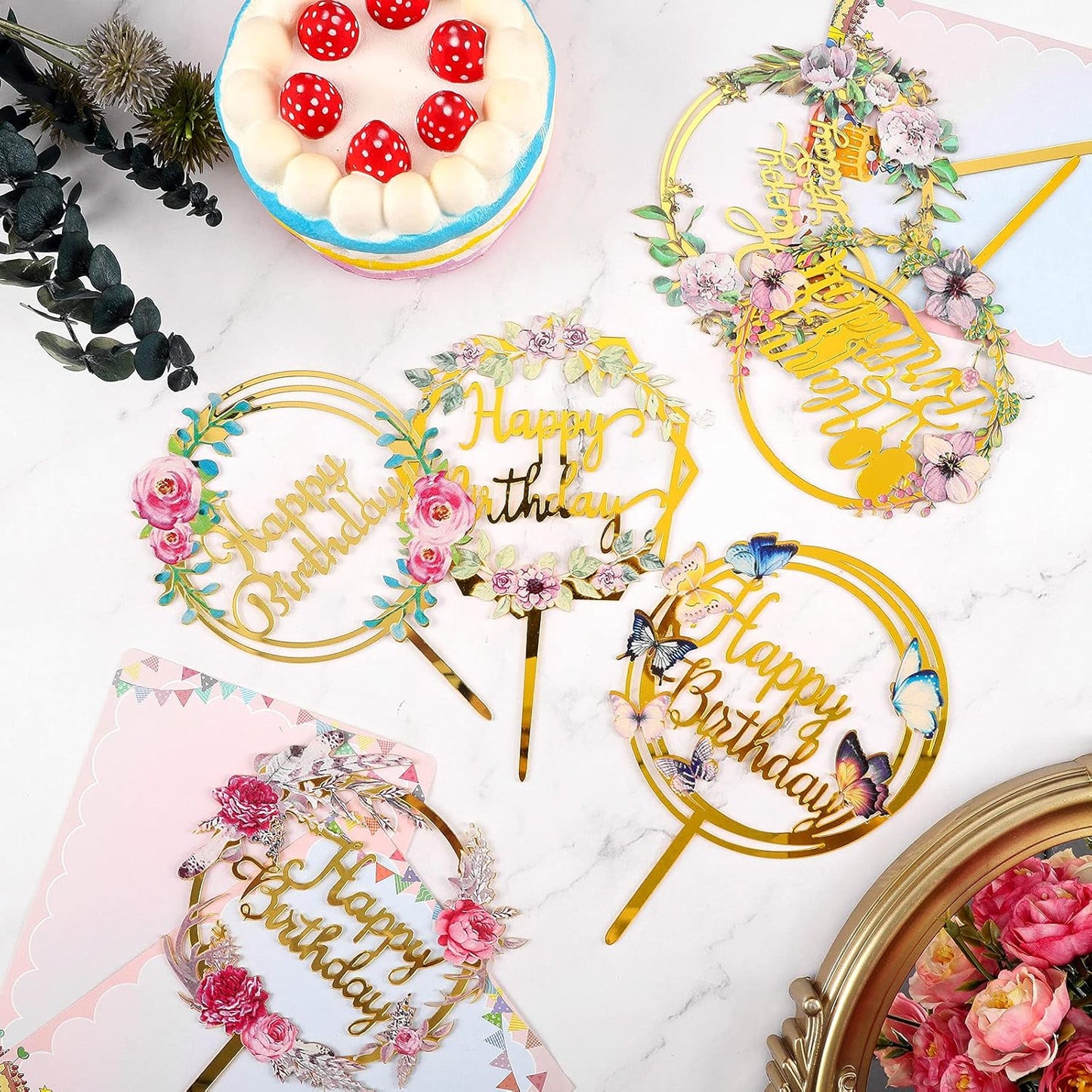 Jetec 6 Pieces Happy Birthday Cake Toppers Gold Flower Acrylic Cupcake Cake Toppers for Various Birthday Party Anniversary Pastries Decorations