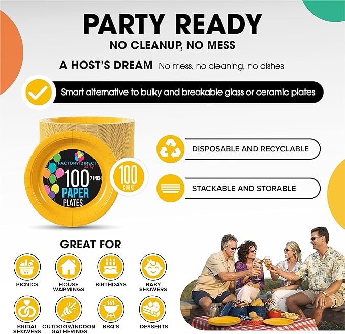 Exquisite Party Solids Yellow Paper Plates Disposable Heavy Duty 7 Inch Yellow Disposable Plates For Party 100 Pcs Heavy Duty 350 GSM, Birthday Supplies