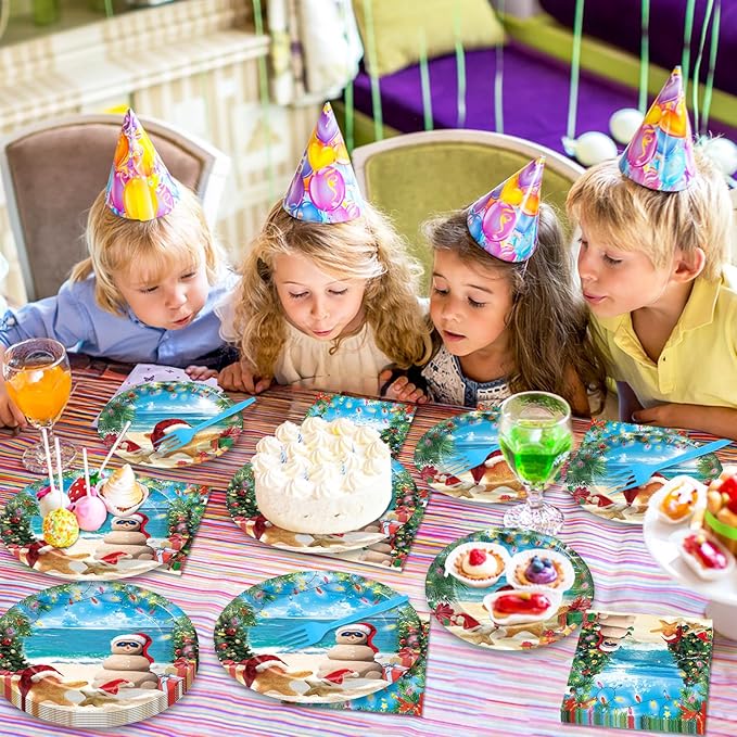 CHUNNIN 96 Pcs Summer July Christmas Plates and Napkins Xmas in July Party Decorations Disposable Dessert Plates Hawaiian Beach Tableware Set for 24 Guests Tropical Birthday Party Supplies