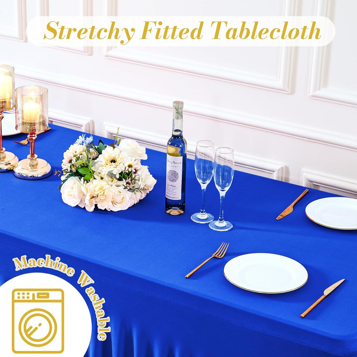 4 Pack Spandex Royal Blue Fitted Table Cloth for 6ft Rectangle Tables Blue Tablecloth Stretch Table Covers Skirt Wrinkle Free Banquet Tablecloths for Parties Wedding