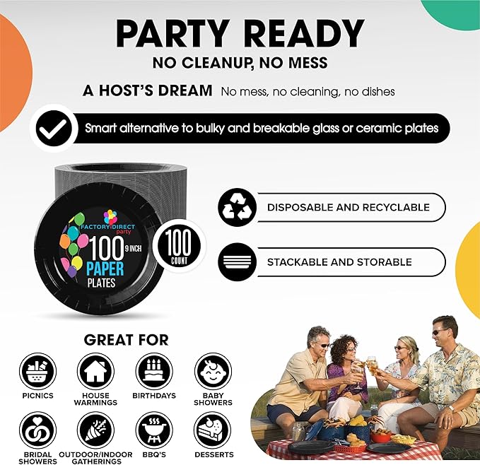 Exquisite Party Solids Black Paper Plates Disposable Heavy Duty 9 Inch Black Disposable Plates For Party 100 Pcs Heavy Duty 350 GSM, Birthday Supplies