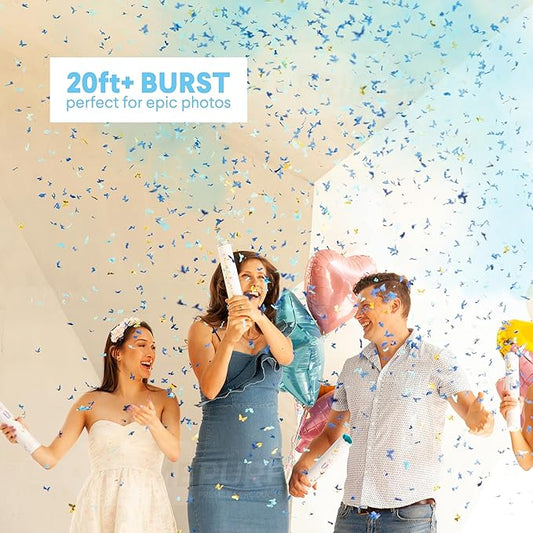 PrimePure Gender Reveal Confetti Cannon - Butterfly Confetti Popper & Biodegradable Powder Cannon - Blue, 4 Pack - Baby Boy Gender Reveal Smoke Bombs Baby Powder Blue Paper Party Poppers
