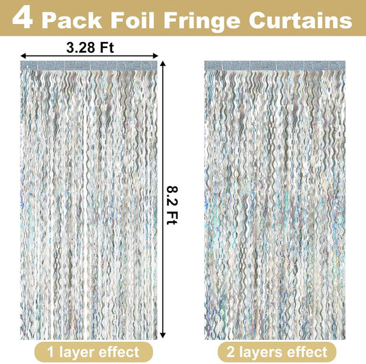4 Pack Silver Fringe Curtain Backdrop 3.2Ft x 8.2Ft Metallic Tinsel Foil Fringe Streamers Background for Photo Booth, Easter, Mother's Day, Bachelorette, Wedding, Birthday Party Decoration