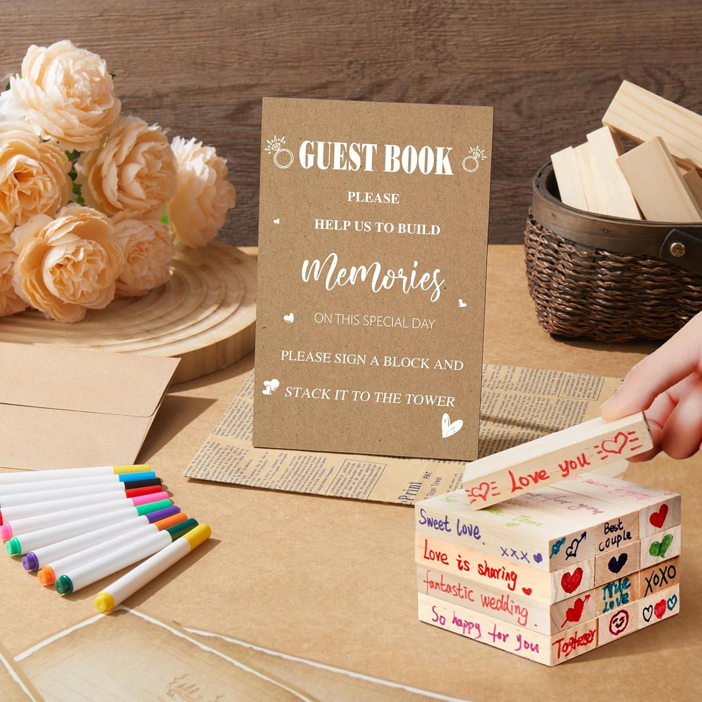 80 Pcs Wedding Guest Book Alternative Wooden Block Guest Book for Wedding Sign in Bridal Shower Decoration Wooden Block Bridal Shower Game for Sign in, Reception(Boho)