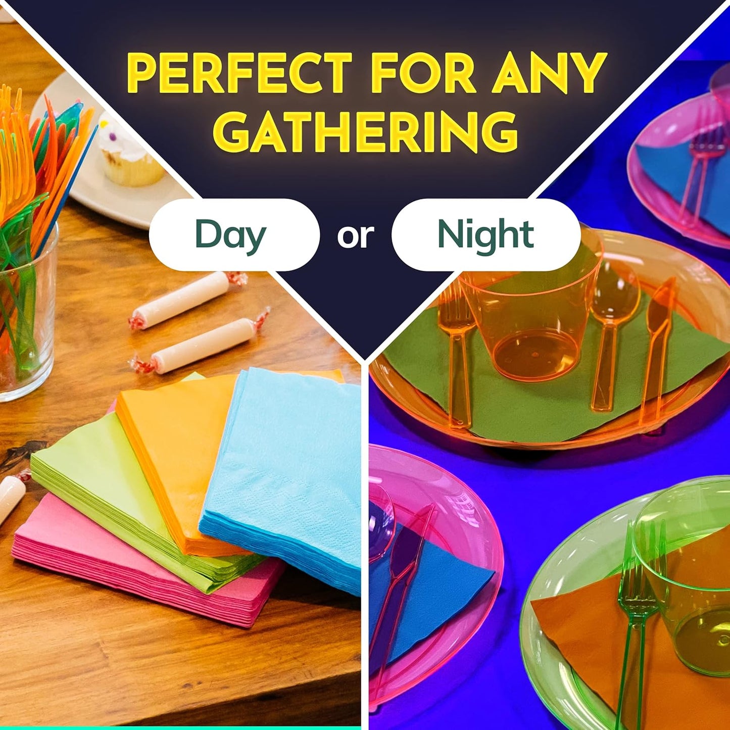 Kedudes Neon Glow Party Supplies, Serves 32 - Hard Plastic Disposable Party Neon Plates, Napkins, Neon Cups Tumblers, Cutlery - Forks, Knives, Spoons - Neon Party Decorations - Fiesta Party Supplies