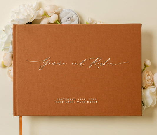 MUUJEE Personalized Guestbook in Terracotta - Premium Custom Modern Guest Book for Wedding Reception, Birthday Party or Events w/Bookmark Blank Pages for Signing 11.5 x 8.5 inches