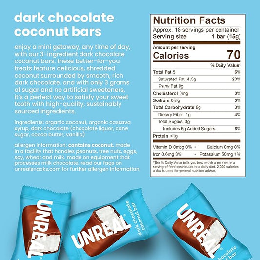 UNREAL Dark Chocolate Coconut Bars (Value Size Bag) | Vegan, 3g Sugar, & 3 Simple Ingredients | Non-GMO, Gluten Free, & Fair Trade | 9.5oz