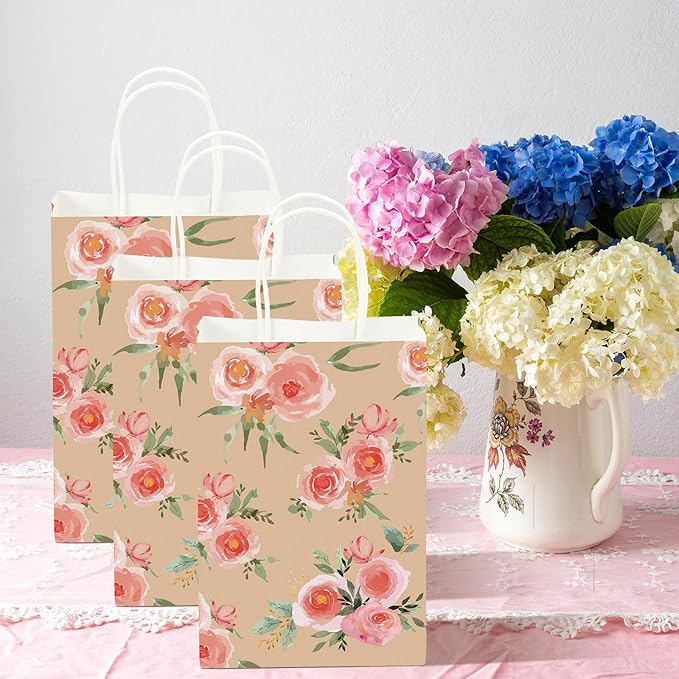 Karenhi 16 Pcs Small Floral Gift Bags with Handles Vintage Floral Paper Treat Bags Reusable Kraft Paper Tea Party Gift for Mothers Day Party Favors 8.7 x 5.9 x 3.2 In