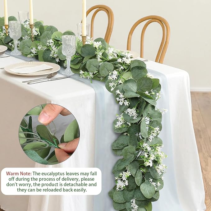 KHOYIME Eucalyptus Garland with White Flowers, 4 Packs 5.9Ft Artificial Silver Dollar Eucalyptus Leaves Plant Fake Greenery Hanging Ivy Vines Faux Wreath for Wedding Arch Party Mantle Table Home Decor