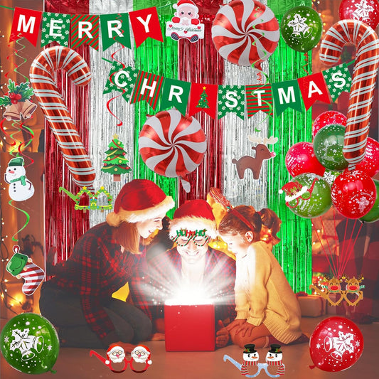 Christmas Decorations, Merry Christmas Decor Banner Hanging Swirls Candy Cane Balloons Tinsel Backdrop Glasses Frames for Indoor Outdoor Decorations