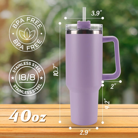 40 oz Tumbler with Handle and Straw Spill Proof Large Travel Coffee Mug Insulated Reusable Stainless Steel Cup with Lid Fit for Car Cup Holder(Lavender Purple)