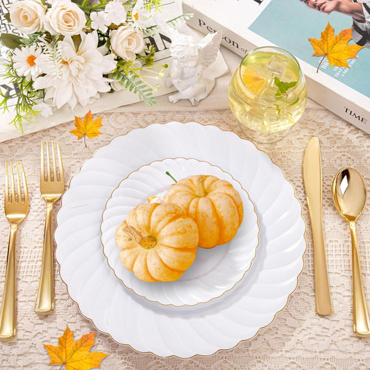 YOUBET 125PCS White Plastic Plates with Gold Rim, Gold Plates Disposable with Golden Silverware Include 25 Dinner Plate 25 Dessert Plate 25 Forks 25 Knives 25 Spoons For Wedding, Parties Thanksgiving